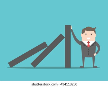 Successful Strong Confident Businessman Stopping Domino Effect. Business, Problem, Solution, Crisis And Risk Concept. EPS 8 Vector Illustration, No Transparency