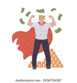 Exitoso hombre superhéroe fuerte con corona que muestra músculos del bíceps, orgulloso de sí mismo. Dinero y oro. Concepto de autoestima positiva, liderazgo y logro. Ilustración vectorial aislada