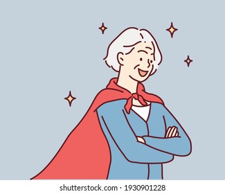 Successful Super oldwoman. Hand drawn style vector design illustrations.