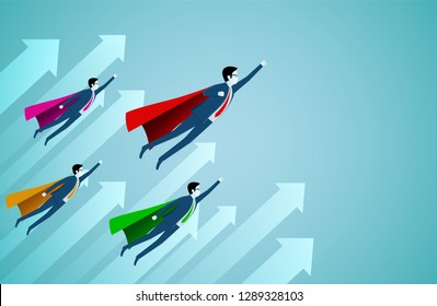 Successful superhero businessmen are flying up into the sky and arrows that rise. business finance success. leadership. startup. creative idea. illustration cartoon vector