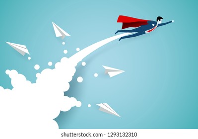 Successful superhero businessmen are flying up into the sky Separated from the white paper airplane. business finance success. leadership. startup. creative idea. illustration cartoon vector