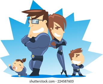 Successful Superhero Family Posing For Their Fans, With Blue Costumes Vector Illustrations.