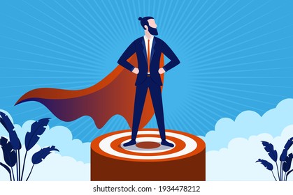 Successful superhero leader on podium, standing proud and strong. Business management and boss concept. Vector illustration.