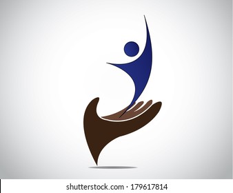 successful talent management of young person and woman concept. happy young male or female silhouette expressing joy with both hands up from a protective hand providing safety art illustration