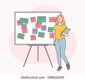 Successful task completion, effective work planning, time management concept. Happy woman stand by clipboard with note, organize agenda. Flat vector illustration