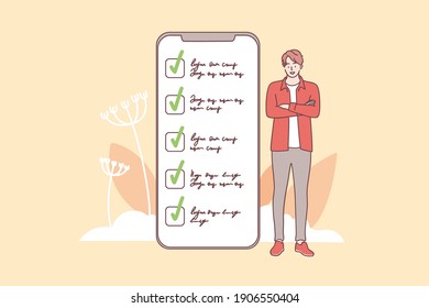 Successful task completion and time management concept. Young smiling man cartoon character standing near smartphone screen interface with completed tasks and duties vector illustration 