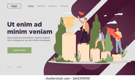 Successful team achieving goals. Leaders with flag climbing upstairs on podium flat vector illustration. Winners, award, teamwork concept for banner, website design or landing web page