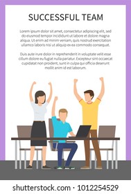 Successful team banner with lilac frame, vector illustration with three happy workers, chairs and computer on table isolated on white background