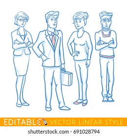Successful team of business people. Modern office teamwork. Managment IT company. Editable line sketch. Stock vector illustration.