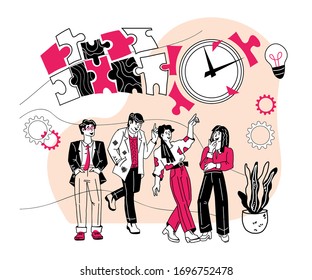 Successful team of business people working and communicating together. Business solution, partnership and teamwork of partners. Integration and startup with puzzle pieces. Cartoon vector illustration.