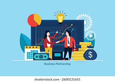 Successful team business porter. The investors held the money in the idea. creative project financing. woman and man business handshake vector