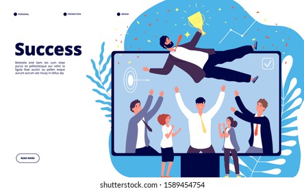 Successful team. Businessmen group employees throw happy colleague up in air. People celebrating victory, happy manager vector landing page