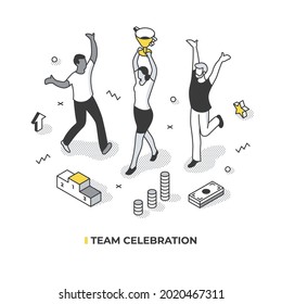 Successful team celebrates victory. Employees won the award and got a trophy. They enjoy the win and congratulate each other.  Vector isometric concept 