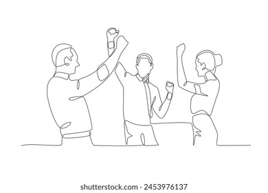 El exitoso equipo está celebrando levantando la mano. Equipo celebrando el éxito concepto de dibujo de una línea