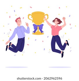 Concepto de equipo exitoso. Hombre y niña saltando juntos con una taza. Logro, premio, trofeo de oro, primer lugar, ganadores. Compañeros, empleados, gerentes, trabajadores. Dibujo vectorial plano de dibujos animados