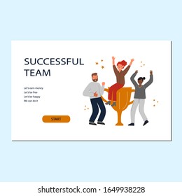 Successful team concept. Manager sits on cup and happy team. Colored flat vector banner. Isolated on white background.