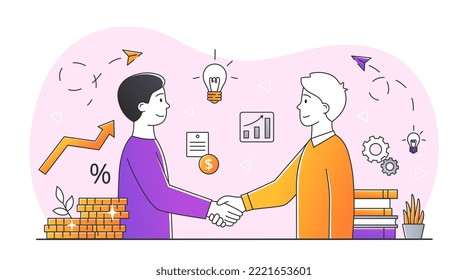 Successful team concept. Men shake hands, characters make deal. Partners and colleagues, cooperation and collaboration. Entrepreneur and investor held negotiations. Cartoon flat vector illustration