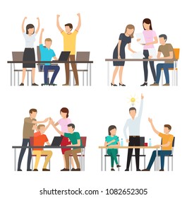 Successful team consisting of people group giving high-five and discussing plans different business idea with man and electric bulb vector illustration