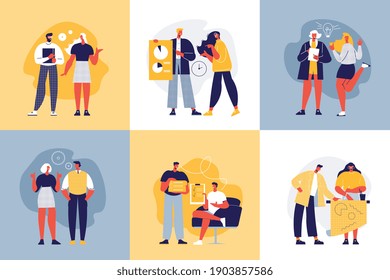 Concepto de diseño de equipo exitoso con composiciones cuadradas de compañeros de trabajo de garabatos con iconos de la ilustración del tiempo e ideas vectoriales