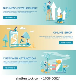 Successful Team Developing Effective Strategy for Further Business Development. Different Buyers Hurrying to Online Shop to Spend Money. Customers Attraction as Smart Marketing Policy. Landing Pages.