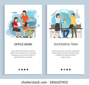 Successful team doing office work and planning strategy on laptop vector. Website or slider app, workers celebrate goal achievement and results, landing page flat style, manager gives directions