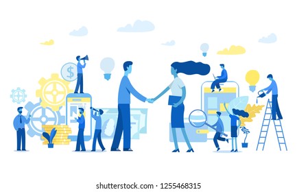  successful team.  financing of creative projects. woman and man business handshake vector business illustration on white background.