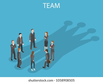 Successful team flat isometric vector concept. Members of a business team are staying in circle with their shadow making a chess king crown.