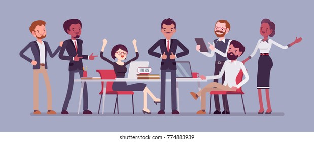 Successful team gathering. Group of young people, startup company celebrating completed task, job, or common project, entrepreneurial venture. Vector business concept flat style cartoon illustration