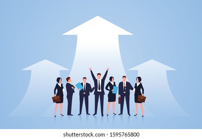 Successful team, a group of businessmen standing in a row cheering and rising arrow behind them