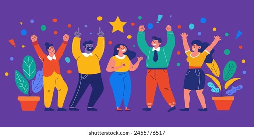 Equipo exitoso. La gente feliz se regocija con la victoria, el triunfo, el éxito. Los ganadores celebran los logros y la buena fortuna. Ilustración vectorial vibrante en estilo plano. Fondo púrpura