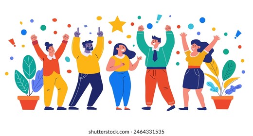 Successful team. Happy people rejoice at victory, triumph, success. Winners celebrate achievements and good fortune. Vibrant Vector illustration in flat style. 