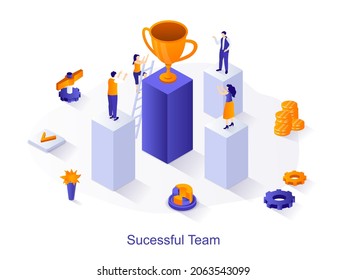 Successful team isometric web concept. People working together, achieve business goals, win valuable trophies and receive winner cup scene. Vector illustration for website template in 3d design