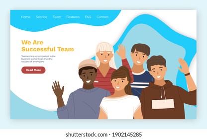 Successful team landing page template with happy businesspeople smiling and waving hands, business concept in teamwork and corporation. A group of young people motivational achievement banner