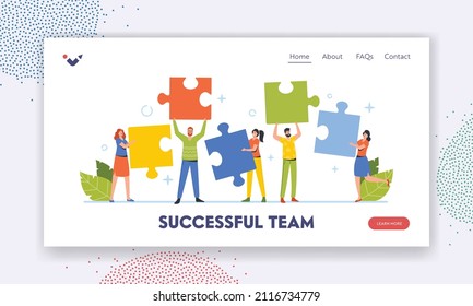 Successful Team Landing Page Template. Businesspeople Teamwork, Collective Partnership. Office People Work Together Setting Up Huge Colorful Separated Puzzle Pieces. Cartoon Vector Illustration