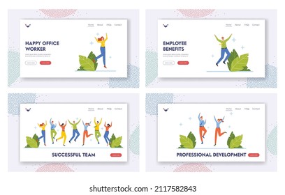 Successful Team Landing Page Template Set. Happy People Jumping, Young Joyful Office Employees or Business Characters Jump. Happiness, Freedom and Motivation. Cartoon Vector Illustration