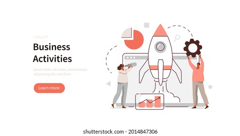 Successful team launch rocket from laptop. Characters working in new startup. Business missions, creative idea and startup development concept. Flat cartoon vector illustration.