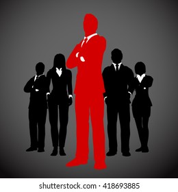 Successful Team Leader in red. A team of Successful executives led by a great and leader in red.