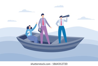Successful team and leader with spyglass sailing on boat in business ocean or sea and looking for opportunities to goal. Flat cartoon vector illustration.