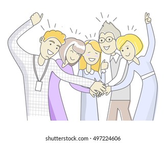 Successful team in linear style isolated on white. Office team in cartoon style. Teamwork in the company. Trustful relationship in business cooperation. Workers as a members of one big family. Vector