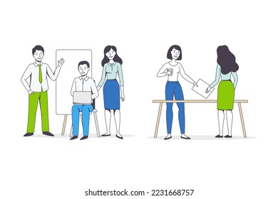 Successful Team with Man and Woman Office Employee Working Together Vector Set