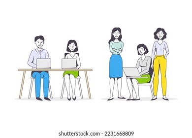 Successful Team with Man and Woman Office Employee Working Together Vector Set