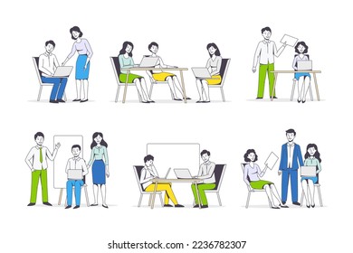 Successful Team with Man and Woman Office Employee Working Together Vector Set