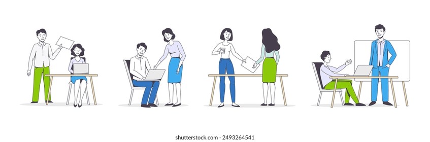 Successful Team with Man and Woman Office Employee Working Together Vector Illustration Set