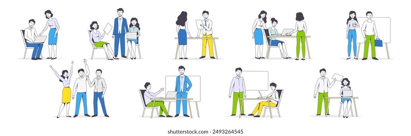 Equipo exitoso con el hombre y la mujer empleado de oficina trabajando juntos conjunto de Ilustración vectorial