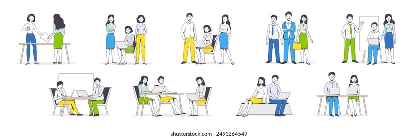 Successful Team with Man and Woman Office Employee Working Together Vector Illustration Set