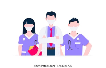 Successful team of medical employee doctors with face masks vector illustration isolated on white background. Three hospital or medic clinic staff doctors standing up with equipment.
