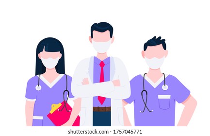 Successful team of medical employee doctors with face masks vector illustration isolated on white background. Three hospital or medic clinic staff doctors standing up with equipment.