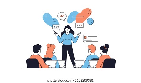 Apresentação da reunião bem-sucedida da equipe que ilustra as estratégias de colaboração e comunicação para o crescimento dos negócios