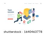 Successful team members working together. Isometric man and woman browsing data near large golden cup while representing team success on website banner