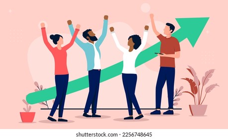 Successful team of people - Group of four diverse characters cheering and celebrating success in front of green arrow pointing upwards. Success and growth concept, flat design vector illustration